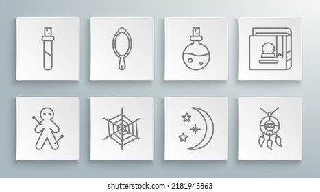 Set Line Voodoo Doll, Magic Hand Mirror, Spider Web, Moon Stars, Dream Catcher With Feathers, Bottle Love Potion, Ancient Magic Book And  Icon. Vector