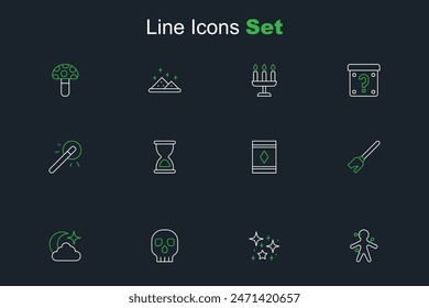 Set line Voodoo doll, Magical glitter particles, Skull, Moon and stars, Witches broom, carpet, Old hourglass and wand icon. Vector