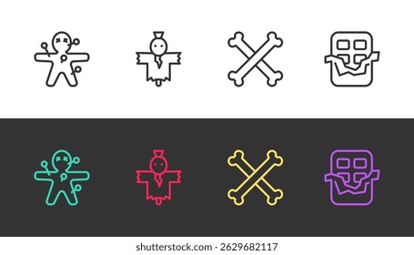 Set line Voodoo doll, Scarecrow, Crossed bones and Chocolate bar on black and white. Vector