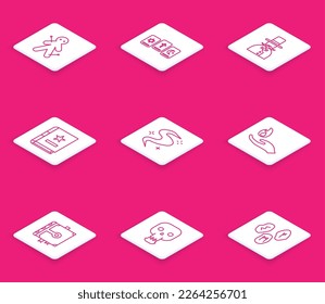 Set line Voodoo doll, Three tarot cards, Magician, Ancient magic book, fog or smoke, Hand holding fire,  and Skull icon. Vector