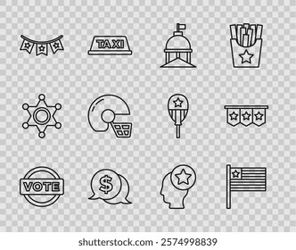 Set line Vote, American flag, White House, Coin money with dollar, Carnival garland flags, football helmet, USA Head and  icon. Vector