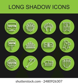 Set line Vote, Baseball bat with ball, Cannon, Shield stars, White House, Eagle and Stacks paper money cash icon. Vector