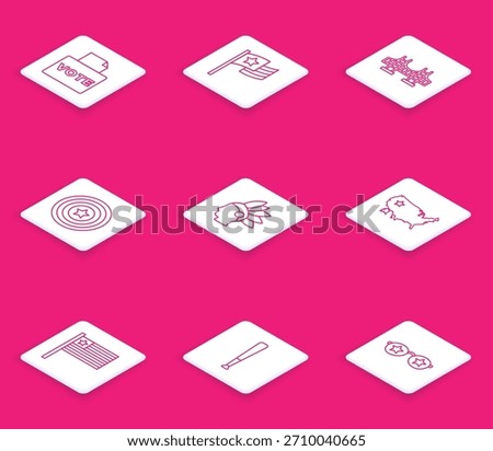 Set line Vote box, American flag, Golden gate bridge, star shield, Native Indian, USA map,  and Baseball bat icon. Vector