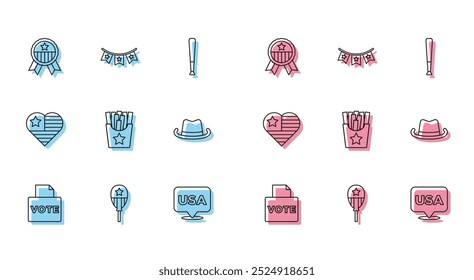 Set line Vote box, Balloons, Medal with star, USA Independence day, Potatoes french fries in, Western cowboy hat,  and Carnival garland flags icon. Vector