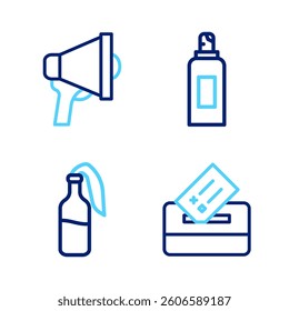 Set line Vote box, Cocktail molotov, Paint spray can and Megaphone icon. Vector