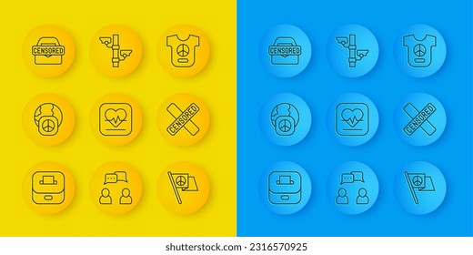 Set line Vote box, International day of peace, Heart rate, Peace, Censored stamp,  and Security camera icon. Vector