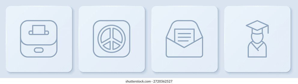 Set line Vote box, Mail and e-mail, Peace and Graduate graduation cap. White square button. Vector