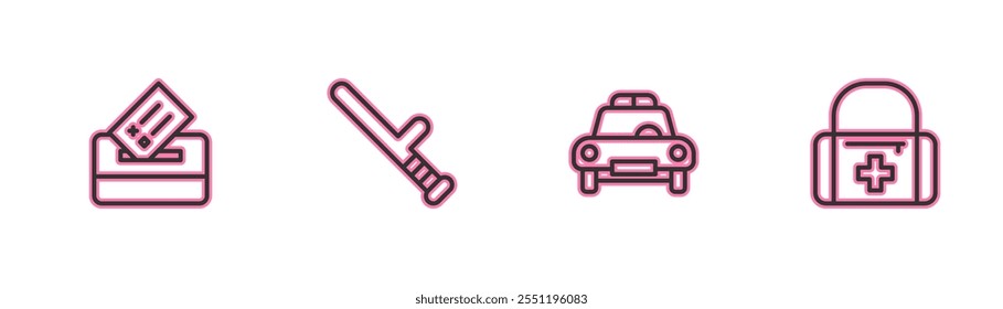 Set line Vote box, Police car and flasher, rubber baton and First aid kit icon. Vector