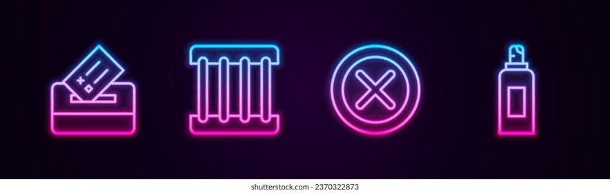 Set line Vote box, Prison window, X Mark, Cross circle and Paint spray can. Glowing neon icon. Vector