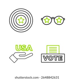 Set line Vote box, USA Día de la Independencia, Gafas con estrellas e icono de escudo americano. Vector