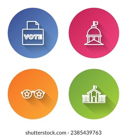 Set line Vote box, White House, Glasses with stars and United States Capitol Congress. Color circle button. Vector