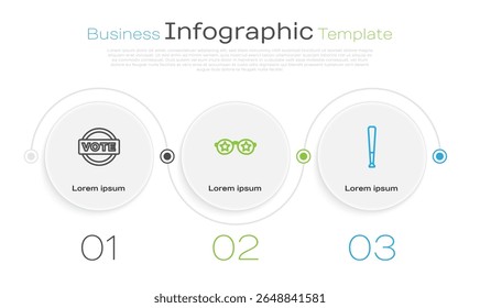 Set line Vote, Glasses with stars and Baseball bat. Business infographic template. Vector