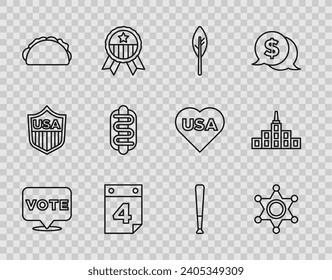 Set line Vote, Hexagram sheriff, Indian feather, Calendar with date July 4, Taco tortilla, Hotdog sandwich, Baseball bat and City landscape icon. Vector
