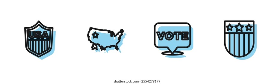 Set line Vote, Shield with stars, USA map and  icon. Vector