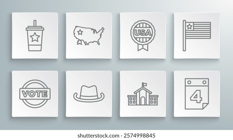 Set line Vote, USA map, Western cowboy hat, United States Capitol Congress, Calendar with date July 4, Medal star, American flag and Paper glass straw icon. Vector