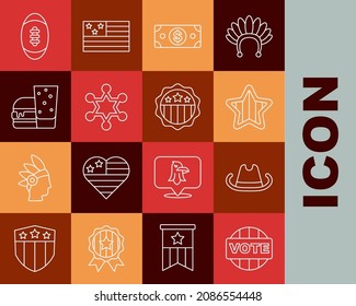 Set line Vote, Western cowboy hat, USA Independence day, Stacks paper money cash, Hexagram sheriff, Burger, American Football ball and  icon. Vector