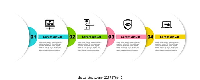 Set line VPN Computer network, Digital door lock with wireless, Shield and eye and Laptop password. Business infographic template. Vector