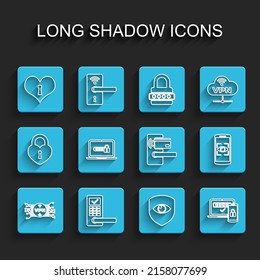 Set line VPN with microchip circuit, Digital door lock wireless, Heart keyhole, Shield and eye, Two steps authentication, Laptop password, Mobile scan and  icon. Vector