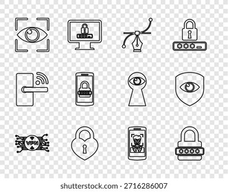Set line VPN with microchip circuit, Password protection, Bezier curve, Castle in the shape of heart, Eye scan, Mobile and password, face recognition and Shield eye icon. Vector
