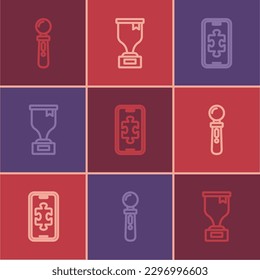 Set line VR controller game, Mobile gaming and Award cup icon. Vector