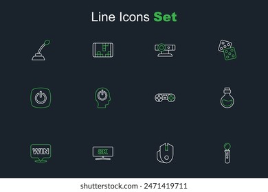 Set line VR controller game, Computer mouse, monitor, Medal, Bottle with magic elixir, Game joystick, Power button and  icon. Vector