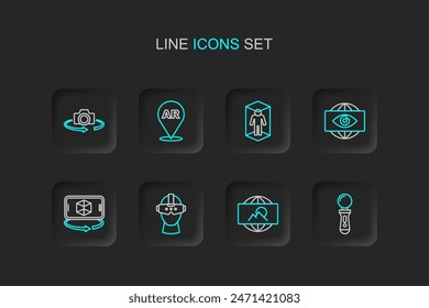 Set line VR controller game, Wide angle picture, Virtual reality glasses, 3d modeling, Big brother electronic eye, Augmented AR and 360 degree view icon. Vector