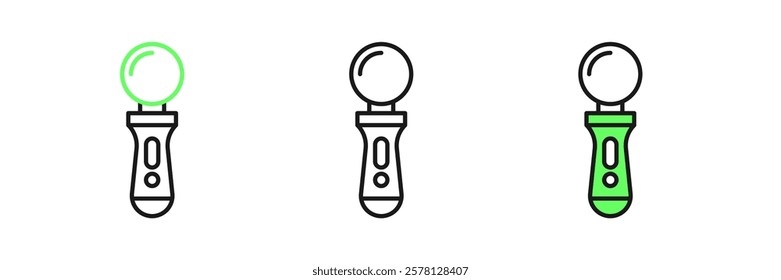 Set line VR controller game icon isolated on white background. Virtual reality experience, sensation of presence, position-tracking technology device.  Vector