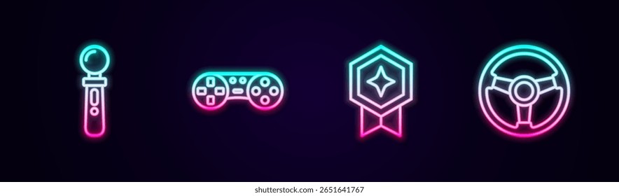 Set line VR controller game, Game or joystick, rating with medal and Racing simulator. Glowing neon icon. Vector