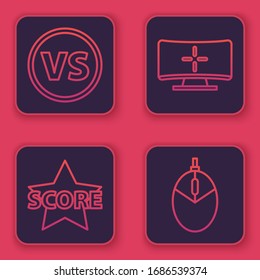 Set line VS Versus battle, Star, Computer monitor and Computer mouse gaming. Blue square button. Vector