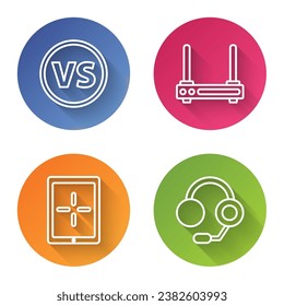 Set line VS Versus Kampf, Router und Wi-Fi Signal, Tablet und Kopfhörer. Farbkreisknopf. Vektorgrafik