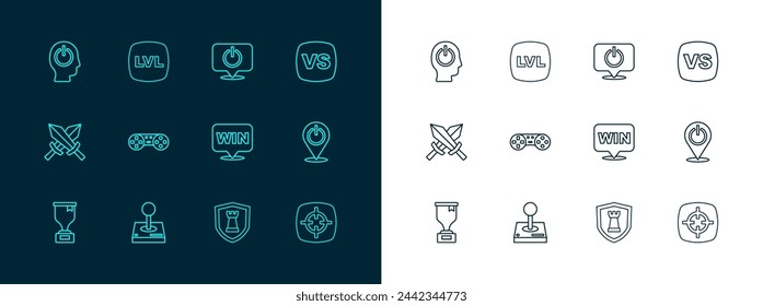 Juego línea VS Versus batalla, Joystick para máquina de arcade, Medalla, escudo de ajedrez, joystick del controlador de juego, botón de encendido e icono de juego de nivel. Vector