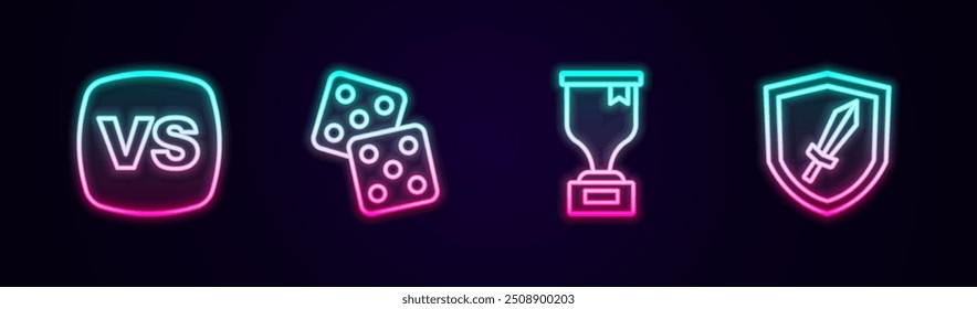 Set line VS Versus batalla, Juego de dados, Copa de premios y Espada para el juego. Icono de neón brillante. Vector