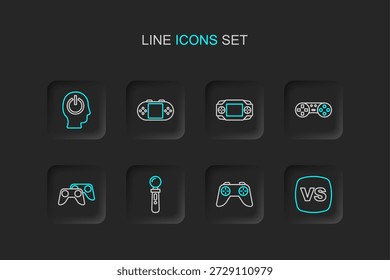 Video Set line VS Versus battle, controlador de juego o joystick, juego de realidad virtual, consola portátil e ícono de Botón de energía. Vector