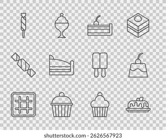 Set line Waffle, Cake, Cherry cheesecake, Candy, Piece of,  and Pudding custard icon. Vector