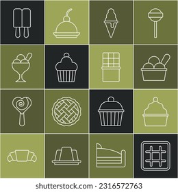 Set line Waffle, Cake, Ice cream in bowl, waffle cone,  and Chocolate bar icon. Vector