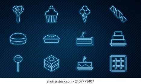 Set line Waffle, Cake, Ice cream in waffle cone, Homemade pie, Macaron cookie, Lollipop, Cherry cheesecake and  icon. Vector