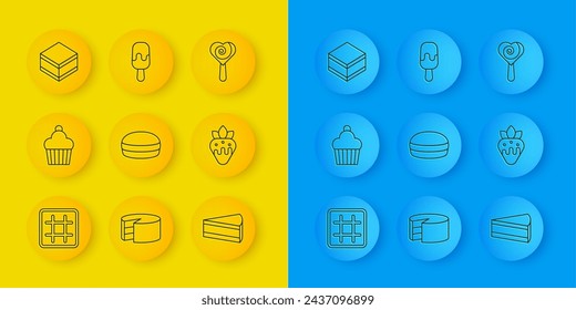 Set line Waffle, Cake, Macaron cookie, Piece of cake, Strawberry in chocolate, Brownie, Lollipop and Ice cream icon. Vector