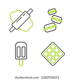 Set line Waffle, Ice cream, Macaron cookie and Rolling pin dough icon. Vector