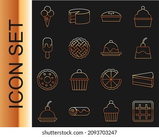 Fijar línea Waffle, trozo de tarta, crema de pudding, pastel casero, helado, cono de gofre e ícono de pastel. Vector