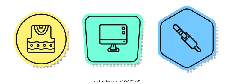 Set line Waistcoat, Computer monitor screen and Audio jack. Colored shapes. Vector