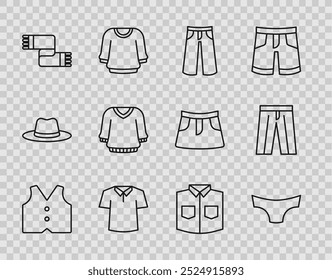 Conjunto línea chaleco, hombres calzoncillos, pantalones, camisa, bufanda de invierno, suéter e icono. Vector