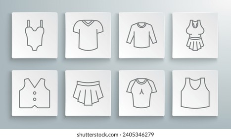 Set line Waistcoat, T-shirt, Skirt, Undershirt, Sweater,  and Swimsuit icon. Vector