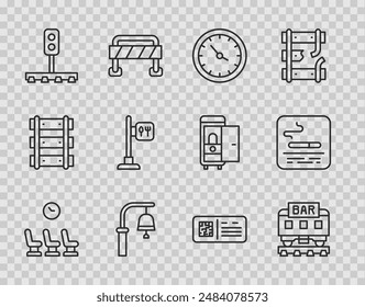 Set line Waiting room, Restaurant train, Train station clock, bell, traffic light, Cafe and restaurant location, QR code ticket and Smoking area icon. Vector