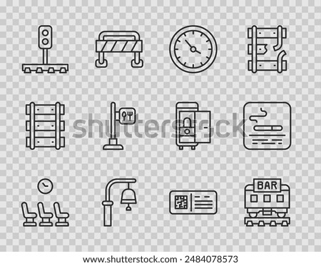 Set line Waiting room, Restaurant train, Train station clock, bell, traffic light, Cafe and restaurant location, QR code ticket and Smoking area icon. Vector