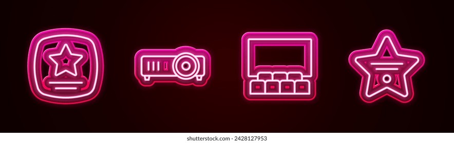 Set line Walk of fame star, Movie, film, media projector, Cinema auditorium with screen and . Glowing neon icon. Vector svg