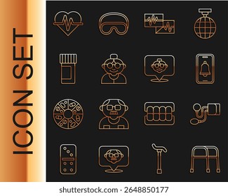 Set line Walker, Blood pressure, Emergency phone call, Monitor with cardiogram, Grandmother, Medicine bottle pills, Heart rate and  icon. Vector