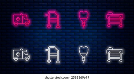 Set line Walker, Dental implant, Emergency car and Stretcher. Glowing neon icon on brick wall. Vector