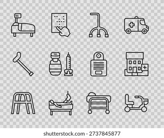 Set line Walker, Electric wheelchair, Walking stick cane, Patient with broken leg, Hospital bed, Syringe, Stretcher and Medical hospital building icon. Vector