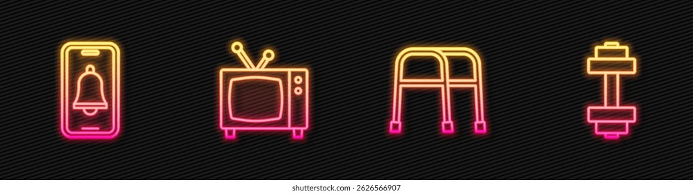 Set line Walker, Emergency phone call, Retro tv and Dumbbell. Glowing neon icon. Vector
