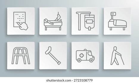 Set line Walker, Patient with broken leg, Walking stick cane, Emergency car, Blind human holding, IV bag, Hospital bed and Braille icon. Vector